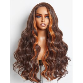 GORGIUS Ginger Orange Highlight Wigs Glueless Loose Wave Ombre Wig Pre Plucked Lace Frontal Wigs 24 Inch Long Wavy Wigs Premium Fiber & Remy Human Hair Blend