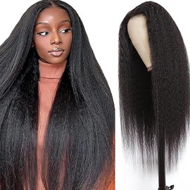 Weeybay Real Hair Wig, Yaki Straight Human Hair Wig, Glueless Wear and Go, 4 x 1 Lace Closure Wigs for Women, with Baby Hair, Bleached Knots, Natural Black Colour, for Woman, 18 Inches (46.5 cm)
