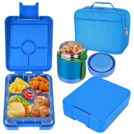 Bento Lunch Box Set for Kids with 10oz Soup Thermo, Leak-Proof Lunch Containers with 4 Compartment, Kids Thermo Hot Food Jar and Insulated Lunch Bag for Kids to School,BPA-Free(Blue)