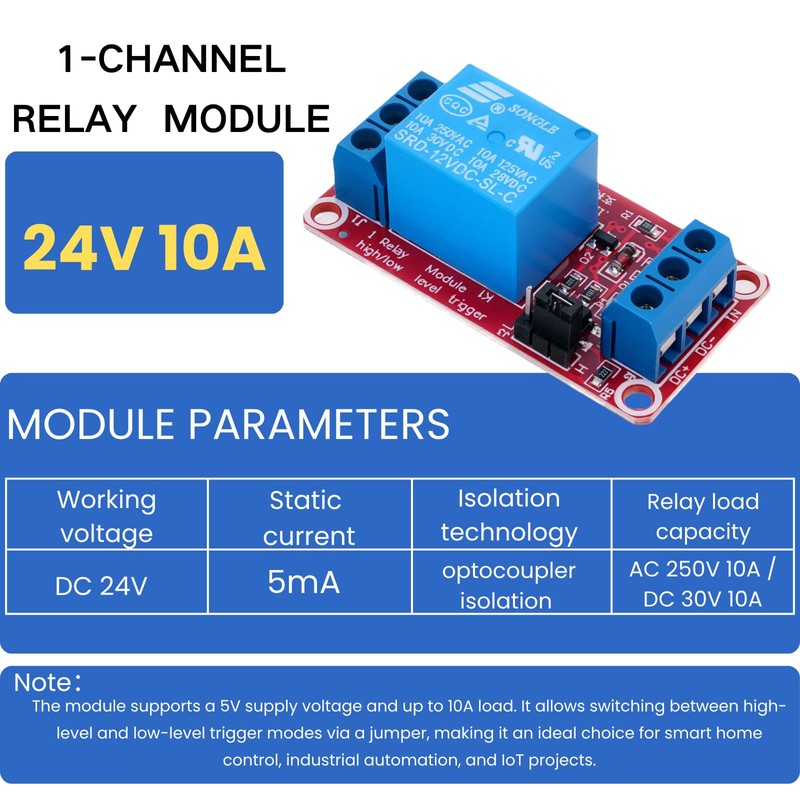 LAOMAO 24V 1-Channel Relay Module, 250VAC/10A, Optocoupler Isolation, High/Low Level