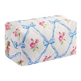 Cute Floral Cotton Makeup Brush Cosmetic Bag for Women, Travel Quilted Zipper Pouch, Large Capacity Flowers Toiletry Organizer, Kawaii Makeup Storage Case, Cosmetic Travel Cloth Bag-Blue Bow