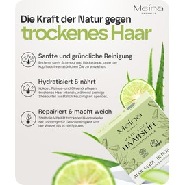 Meina Meina Naturkosmetik - Bio Haarseife für trockenes Haar und trockene Kopfhaut mit Aloe Vera, Zertifiziert, Vegan, Nachhaltig, Handgemacht, Plastikfrei, Ohne Palmöl, Wie ein festes Shampoo - 80g