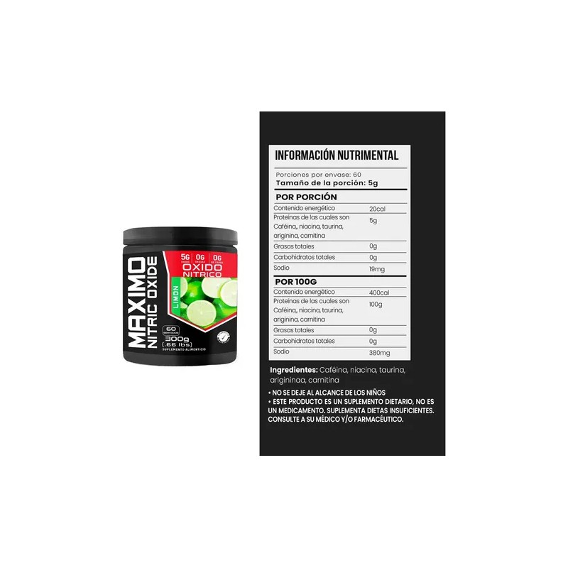 Óxido Nítrico Pre Entreno 300g Maximo Protein 60 Servs