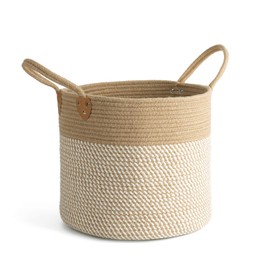 CHICVITA Large Wicker Jute Woven Storage Basket with Handles – Blanket Laundry Basket for Toys Towels Home Decor, White, 14" x 14" x 12"