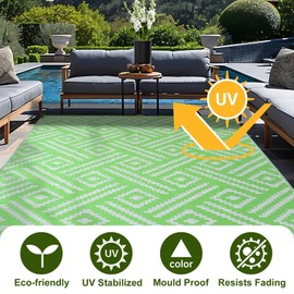 OPPODREAM Outdoor Rug 8x10 Patio Waterproof, Large Outdoor Plastic Straw Rug, Reversible Out Door Carpet for Camping, Deck, Rv, 8 x 10 Area Carpet for Balcony, Porch, Backyard, White and Green