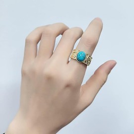 Turquoise Statement Open Ring for Women Girls Oval Cut 18K Gold Plated Boho Finger Rings Adjustable Comfort Fit Bohemian Indian Bollywood Wedding Birthday Classical Jewelry Gifts Mother