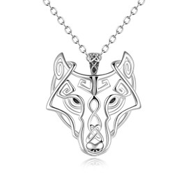 POPLYKE Wolf Necklace Sterling Silver Celtic Wolf Head Pendant Viking Jewellery Gifts for Women Men (White)