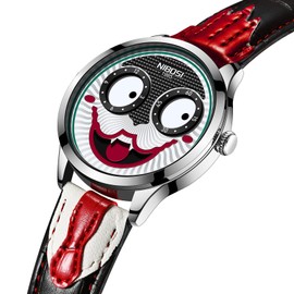 NIBOSI Watches for Men Analog Quartz Clown Dial Wrist Watches Unique Weird Fashion Cool Watch Waterproof Leather Strap Men's Watches (Red Black)