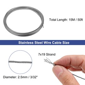 sourcing map 3/32" (2.5mm) 304 Stainless Steel Cable Wire Rope 7 x 19 Strands Core 50ft (15m) Aircraft Wire for Construction Outdoors Marine Rigging Decking Railings