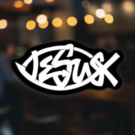 Cool Jesus Fish Vinyl Decal | 5.5" White on Black | for Cars, Trucks, Windows, Laptops & More - KCD3296
