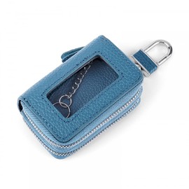 MiOYOOW Leather Key Case, Car Keychain Holder Double Layer Auto Keyring Wallet with Transparent Window for Men Women