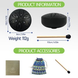 ZITUZY 6 Tones Tongue Drum, Steel Tongue Drum 3 Inches, Mini Tongue Drum with Mallets Bag, Tongue Drum Drum Beginner, Steel Pan Tones Percussion Instrument for Meditation Yoga (Black)