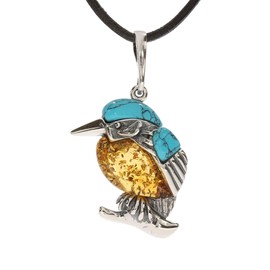 Artisana-Schmuck Amber Pendant (without Chain), Kingfisher with Amber and Turquoise, Set in 925/000 Sterling Silver, Turquoise reconstructed Baltic Amber 925/000 sterling silver, Amber