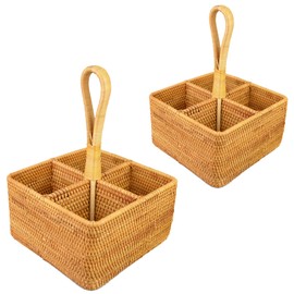 i-lan 2 Pack 4 Section Square Rattan Basket with Handle-Boho 7 Inch Divided Catch-all Bottle Caddy Serving Basket Box,Wicker Cosmetic Organizer Utensils Holder Seasoning Bottle Holder