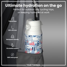 ION8 Thermal Water Bottle 750 ml/24 oz Leak-Proof & BPA Free Insulated Drinking Bottle, Triple Lock Lid to Prevent Spills, Vacuum Insulated ThemoShield Stainless Steel, Carry Handle, MotoGP Street