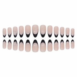MERVF Almond Press on Nails Medium Fake Nails Black French Tip Stiletto Glue ons with 3D Bow Pearls Design Acrylic False Nail 24pcs Glossy