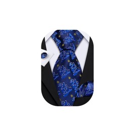 Barry.Wang Christmas Ties Silk Men's Royal Blue Necktie Pocket Square Cufflinks Set Xmas Trees Festive Party