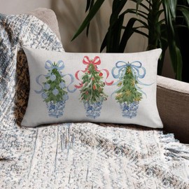 NUTEEN Chinoiserie Christmas Tree Blue Throw Pillow Covers 12x20 Inch Chinoiserie Winter Pillow Covers Hanukkah Pillow Covers Ginger Jar Check Bow Tree Pillow Covers for Holiday Home Decoration