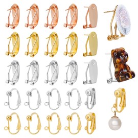 AHANDMAKER 30Pcs 5 Styles Clip Earring Findings, Clip-on Earring Converters with Loops Brass Flatback Fingernail Earring Posts for DIY Earrings Design Jewelry Making Findings, Golden Silver, Rose-gold