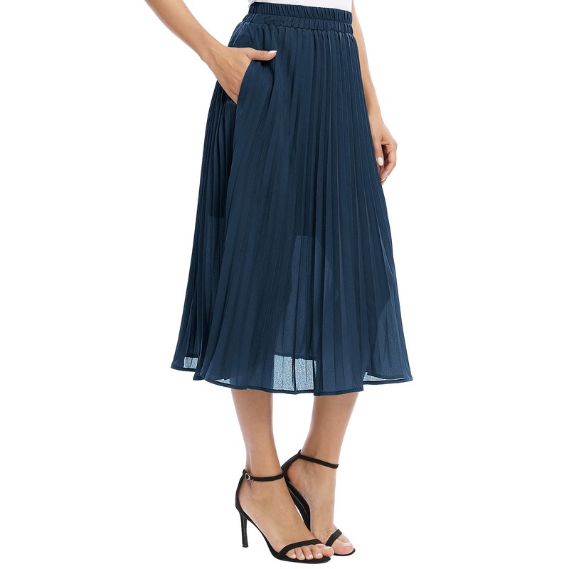 EXCHIC Women's Casual Chiffon Elastic Waist One Line Pleated Midi