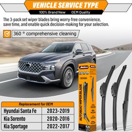 AUTOBOO 3-Pack Windshield Wiper Blades for Kia Sportage 2017-2022 Hyundai Santa Fe 2019-2023 Kia Sorento 2016-2020, Original Equipment Replacement 26"+16" Front and 11" Rear, Easy One-Click Install