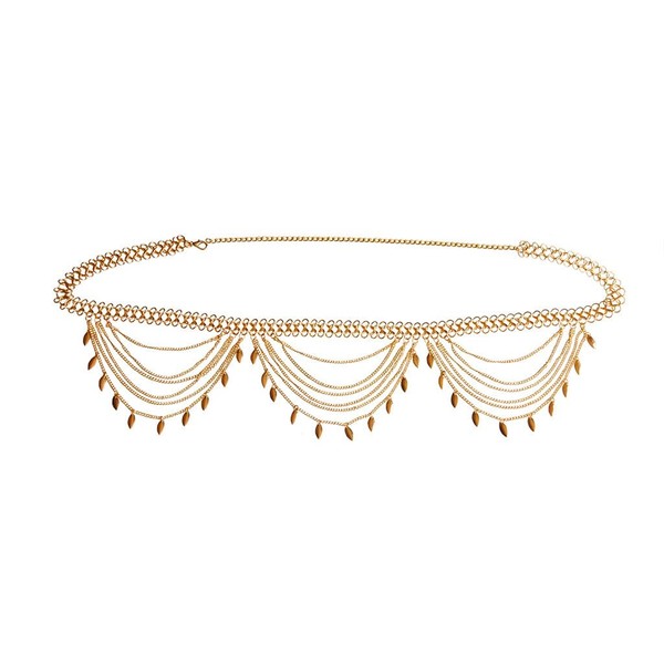 VEINTI+1 Waist Chain Lime Gold Leaves Assecories Metal Belt Multi-layer