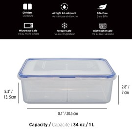 Starfrit LocknLock Plastic Divided Lunch Container - Removable Divider - 34oz/1L - Airtight & Leakproof - 4-Sided Locking Lid