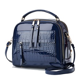 Patent Leather Handbag Multi Pockets Top-handle Satchels Stone Pattern Shoulder Bags All Around Zipper Crossbody Purse, Blue