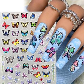 Butterfly Nail Art Adhesive Sticker 3D Self-Adhesive Nail Decals Art Design Holographic Colorful Butterflies Flower Nail Art Sticker Decoration for Women Manicure Tips Acrylic Nails Art