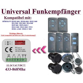 Universal receiver compatible with Hörmann HET24 / HER4 868 / HE1 868 MHz / HEI1 868.3 MHz radio receiver. 2 channels radio receiver 433-868 MHz. Rolling/fixed code 12 - 24 VAC/DC receiver