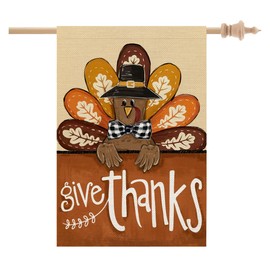 CROWNED BEAUTY Thanksgiving House Flag 28x40 Inch Double Sided Burlap for Outside Give Thanks Turkey Large Holiday Yard Decoration CF1019-40