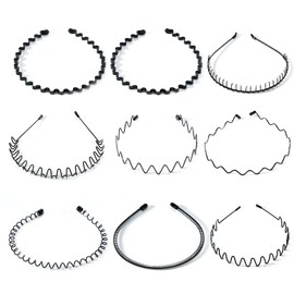 Pack of 9 Metal Hair Bands, Wave Headband Men Women with Non-Slip Teeth, Black Non-Slip Elastic Fashion Headband Hair Styling Accessories for Sports, Fitness, Daily Makeup (Black)