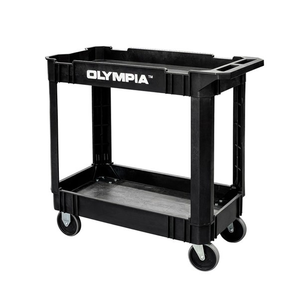 Olympia Tools 2-Shelf Plastic Utility Cart, Heavy Duty, Supports Up to 500 lbs, Ergonomic Handle, Great for Warehouse, Garage, Manufacturing, Cleaning