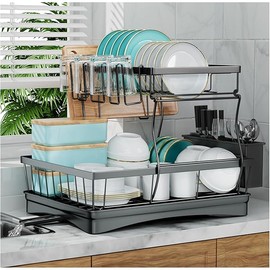 Large Dish Drying Rack for Kitchen Counter, Detachable Large Capacity Dish Drainer Organizer, 2-Tier Dish Racks with Utensil Holder, Black