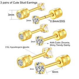 3 Pairs Screw Back Stud Earrings,Hypoallergenic Stainless Steel Cubic Zirconia Double Sided Ear Ringing for Women Men Cartilage Tragus Earring 2-4mm (Gold-2/3/4mm)