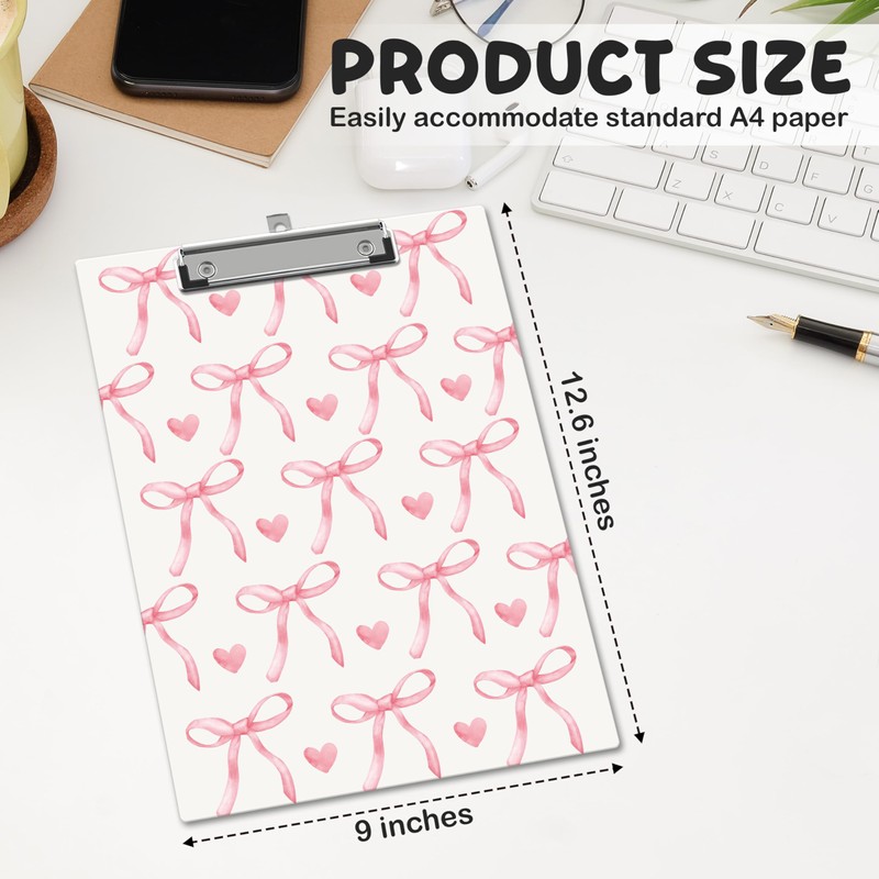 APIILVPQ Pink Clipboard，Bow Clipboards with Low Profile Clip for Office