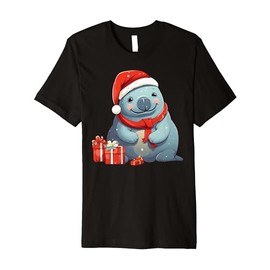 Manatee Wearing Santa Hat Christmas Stuffed Animal Premium T-Shirt