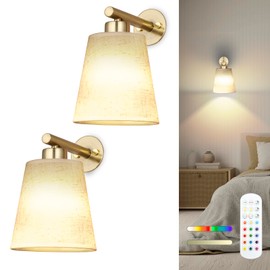 Maooght Battery Operated Wall Sconce Set of 2,Gold Rechargeable Wall Lights with Lampshade Dimmable RGB Bulbs and Remote,15 Colors Wireless Wall Lamps for Bedroom Living Room (Gold)