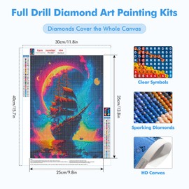 HEIBAGO Colourful Ship Diamond Painting Set, 5D Moon Lake Diamond Painting Pictures for Adults Beginners, Full Drill Diamond Art Landscape Diamond Painting Pictures for Wall Decor 30 x 40 cm