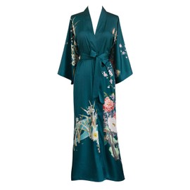 OLDSHANGHAI Women's Charmeuse Kimono Robe Long - Watercolor Floral - Spring Floral- Vintage Teal (Blue)