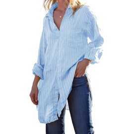 Runcati Womens Button Down Shirts Linen Cotton Long Sleeve Blouse Tunic Tops Cover Up Striped Loose Beach Bikini Dress