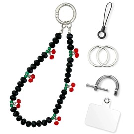 KARENSKEYS Cherry Keychain Wristlet, Cute Glass Phone Charm with Tether Tab & for Car Keys & Cellphone (Black)