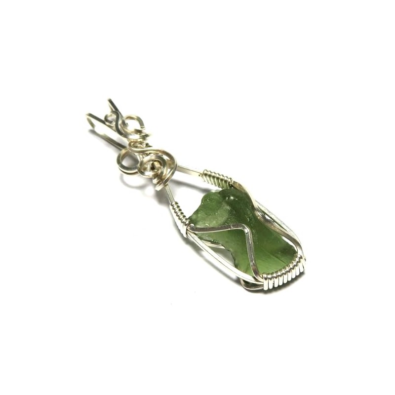 Medium Moldavite Gemstone Sterling Silver Wire Wrapped Pendant 02