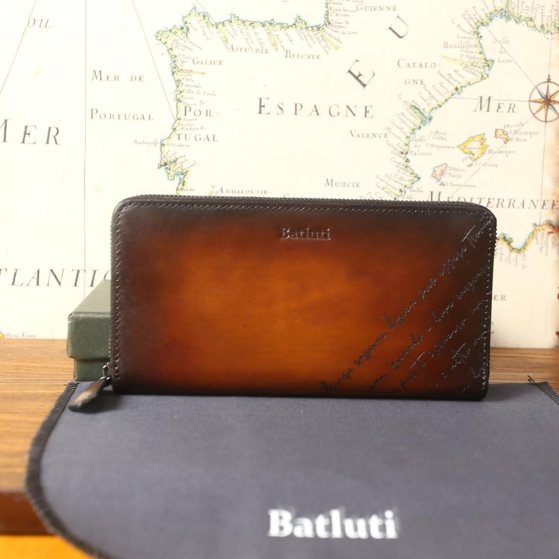 BATLUTI Men's Long Wallet, Round Zipper, Genuine Leather, Antique Leather,