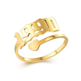 SKQIR Anillo abierto de año para mujer, anillo de año de nacimiento ajustable, anillo de compromiso de boda, anillo de acero inoxidable dorado y plateado para niña, delicado regalo de joyería, Metal
