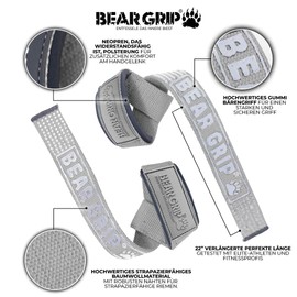 BEAR GRIP Straps - Premium Neoprene Padded, Double Stitched Heavy Duty Weight Lifting Straps with Gel Grip, 100% Cotton, Extra Long Length (Grey)