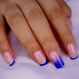 24 Pcs French Tip Press on Nails Medium Square False Nails Glitter Gradient Full Cover Glue on Nails Bling Fake Nails Acrylic Coffin Nails Stick on Nails for Exquisite Women DIY, Pink&Blue