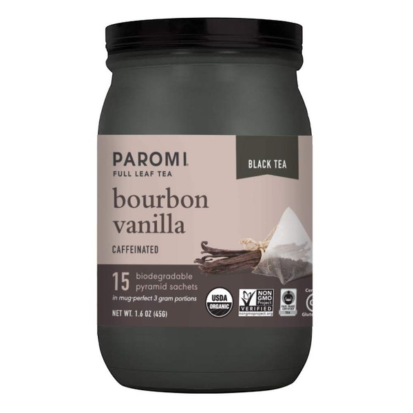 Paromi Tea Bourbon Vanilla Tea, 15 Tea Bags, Organic Caffeinated Black Tea with Organic Bourbon Vanilla Bean, Delicious Hot or Iced, Great for Infusing Recipes with Tea Flavor