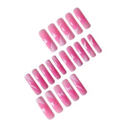 20Pcs Long Square Press on Nails Curved Nail Tips Pink Ombre Fake Nails French Tip Glue on Nail with Designs False Nails Press Ons Glossy Cute Full Cover Acrylic Nail for Women