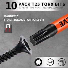 DYRECELVE 10-Pack T25 Torx Bits for Impact Driver, T-25 Torx/Star Bit Set 2' Long, Magnetic Torque Head, Premium S2 Alloy Steel, 1/4' Hex-Shank for Professional & DIY Use